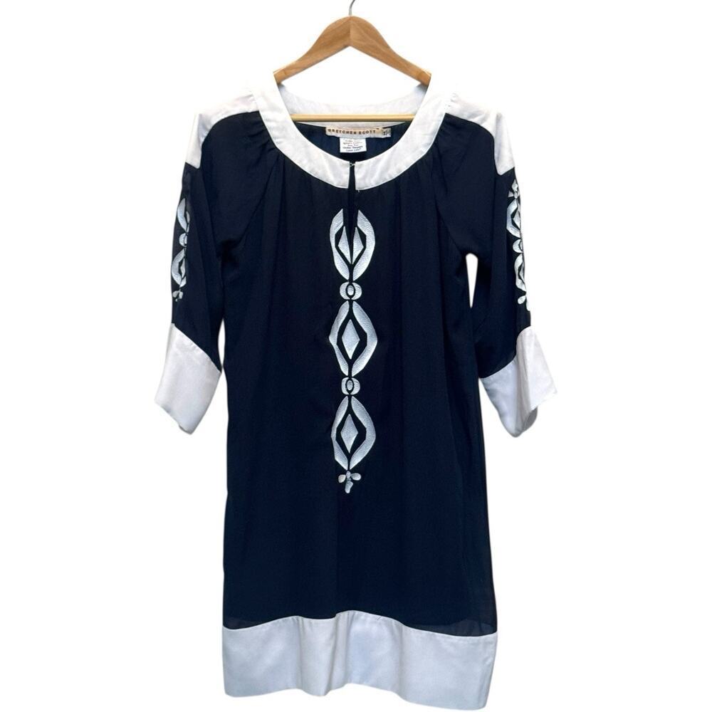 Gretchen Scott Women’s Navy Chiffon White Embroidered Semi Sheer Shift Dress M